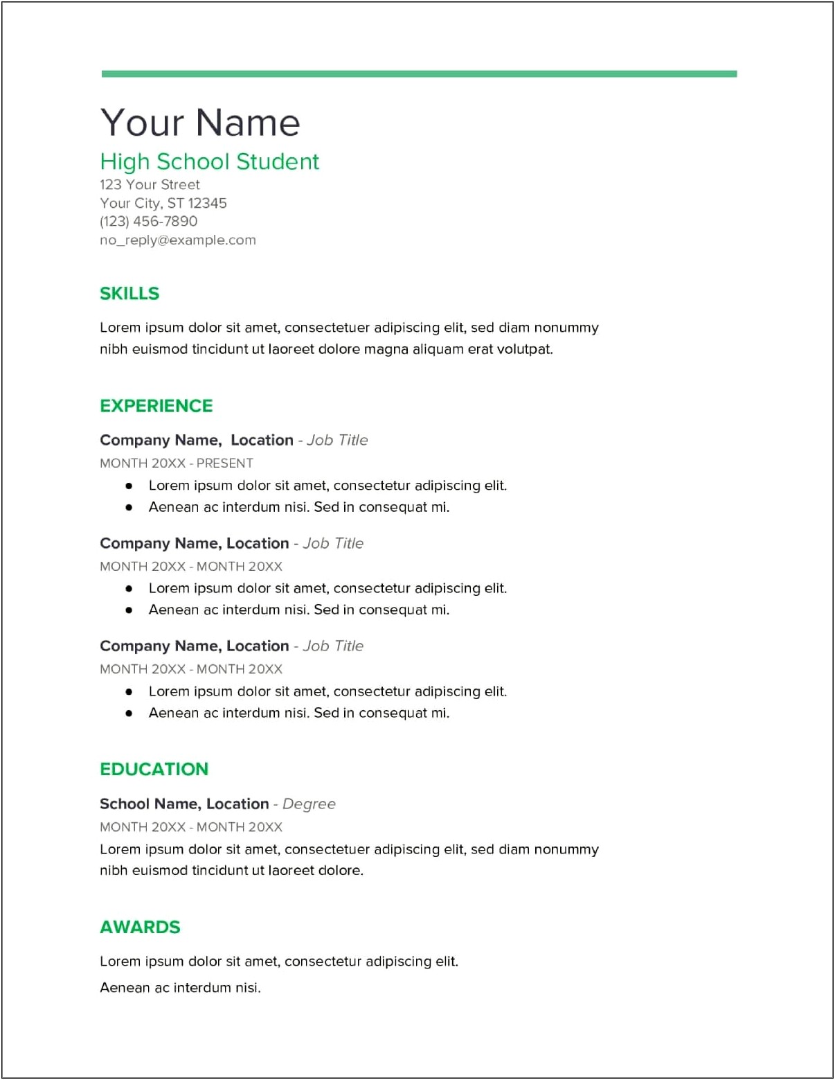 High School Student With One Job Resume Sample