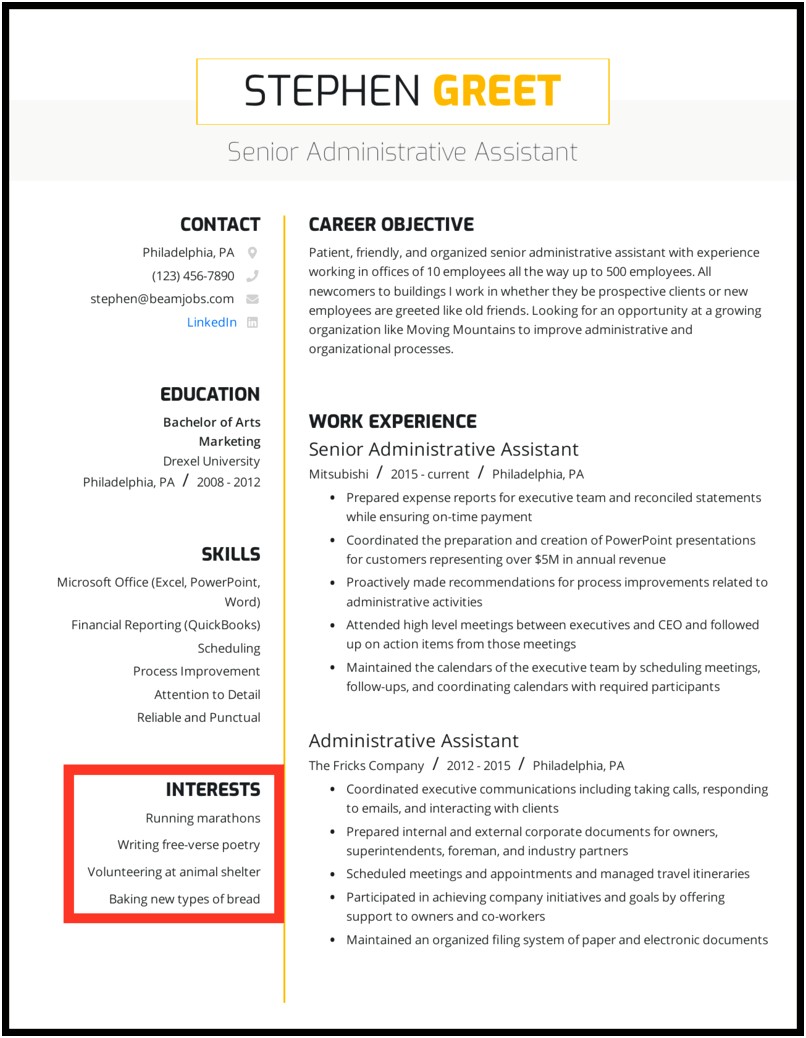 Hobbies And Interests On Resume Example