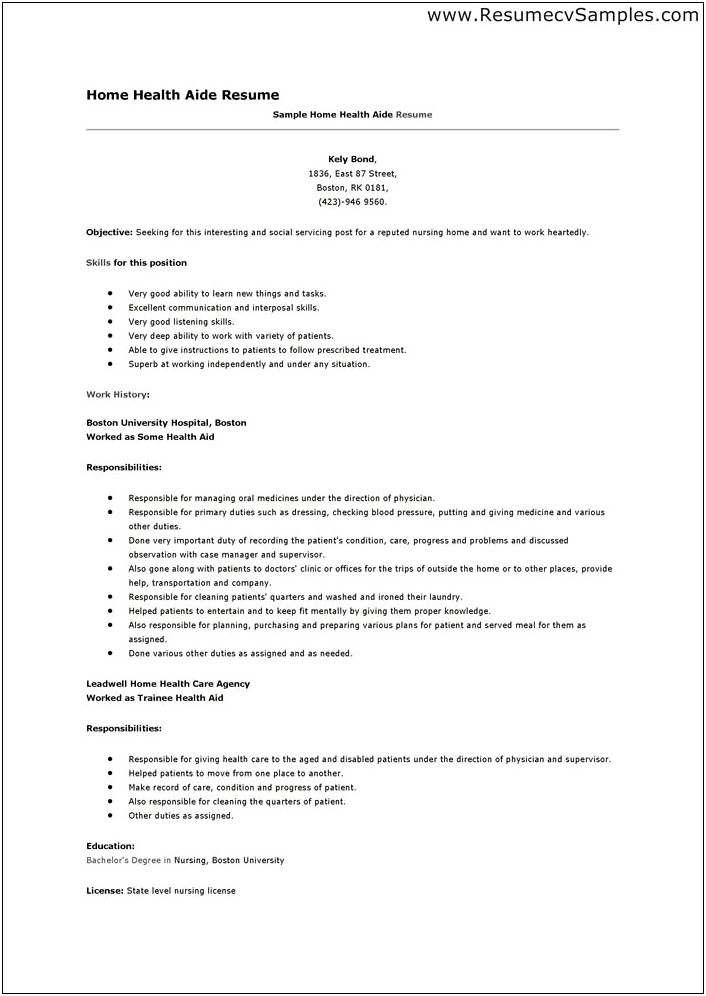 Home Care Aide Resume Sample