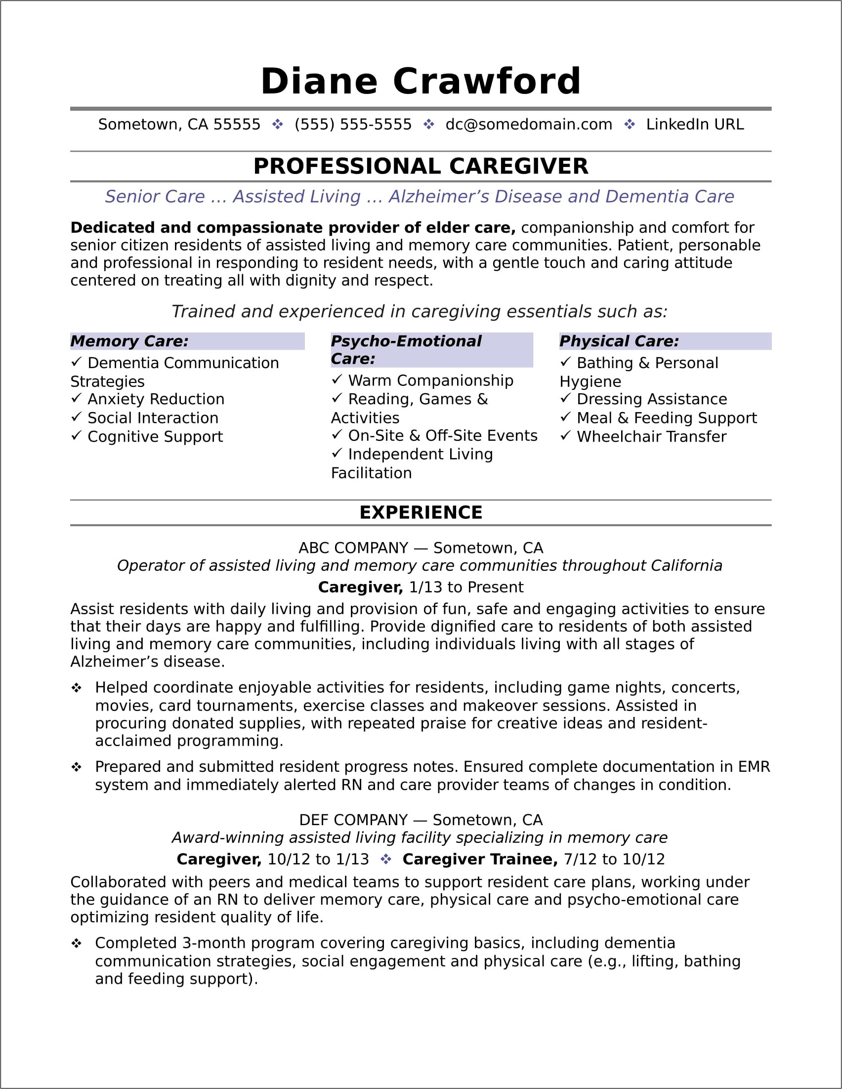 Home Care Giver Resume Example