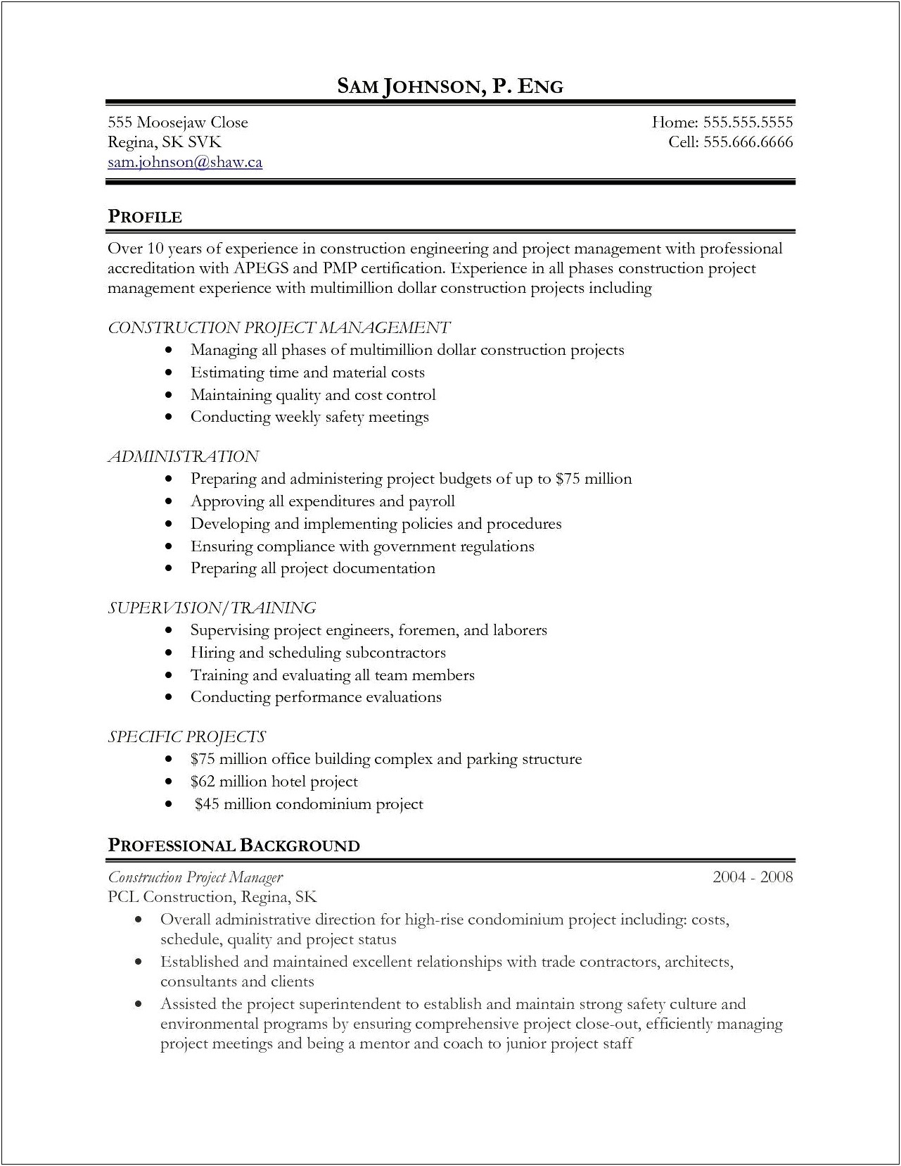 Home Construction Project Manager Resume
