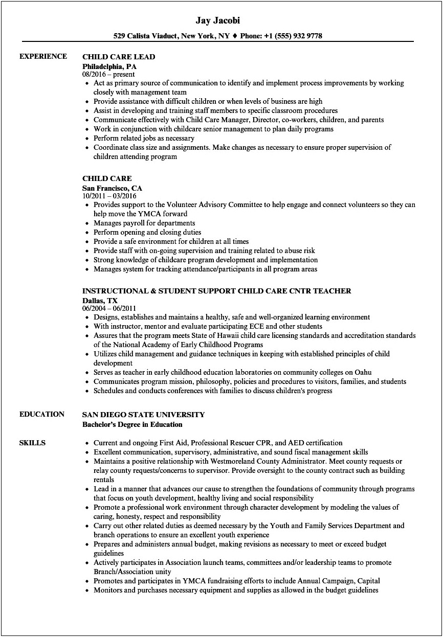 Home Daycare Job Description Resume