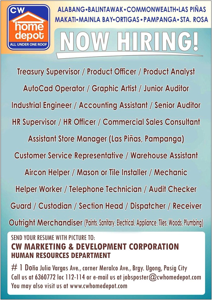 Home Depot Job Description Resume