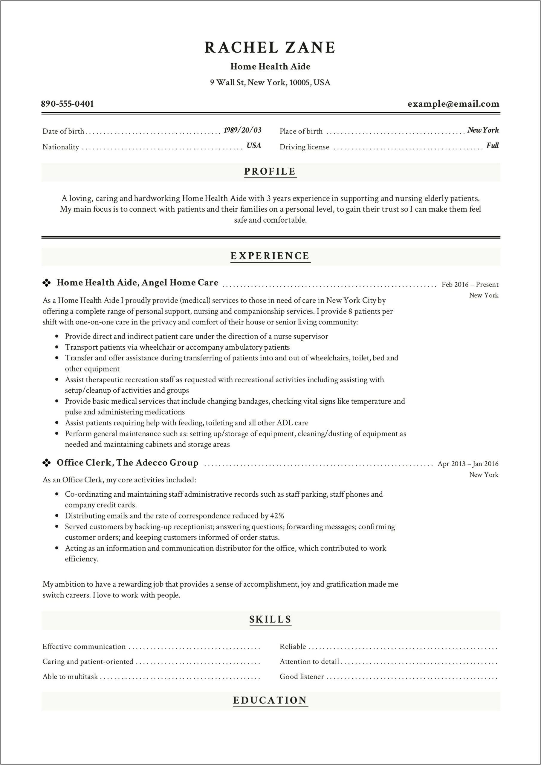 Home Health Aid Resume Examples