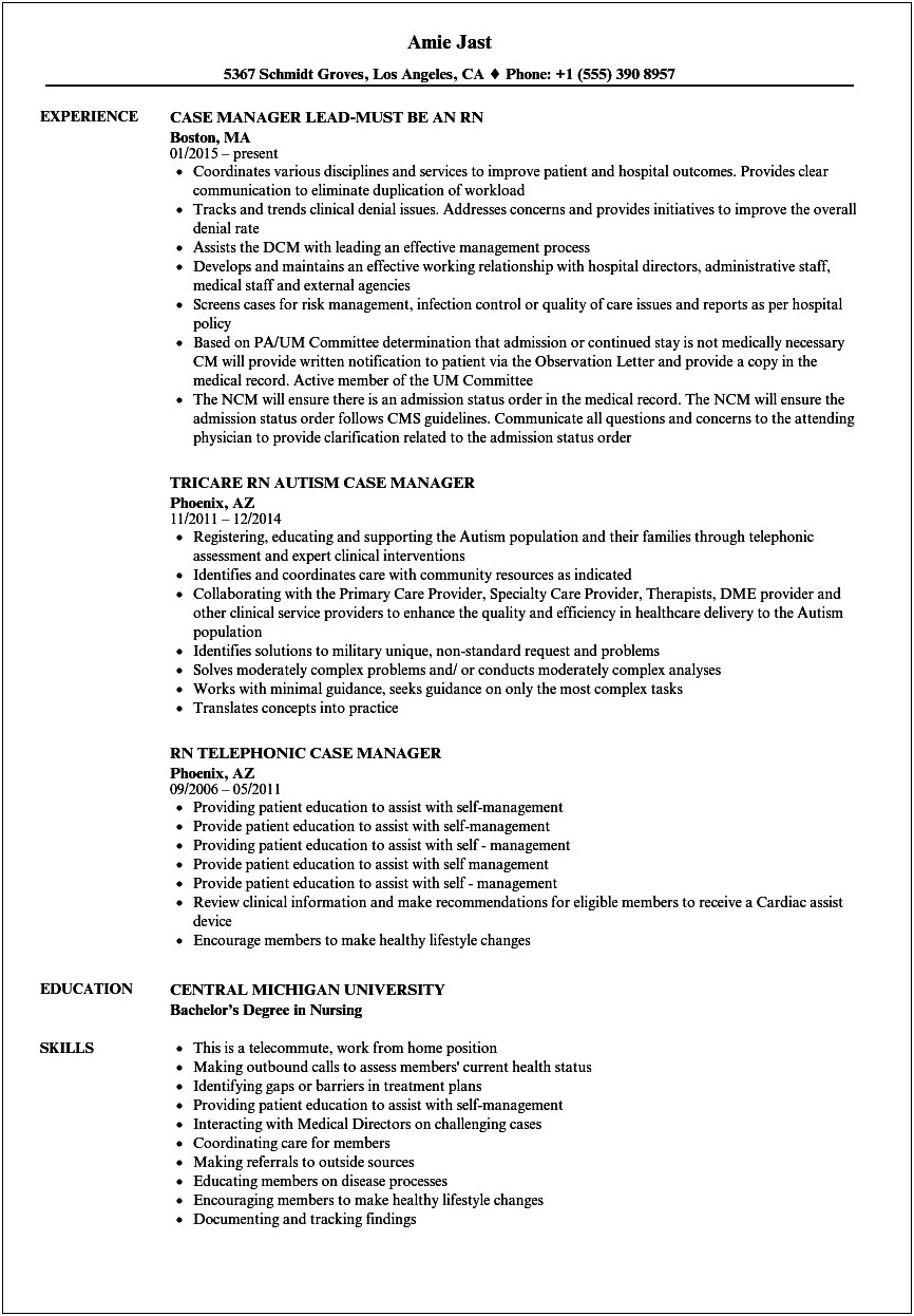Home Health C Case Manager Resume Samples