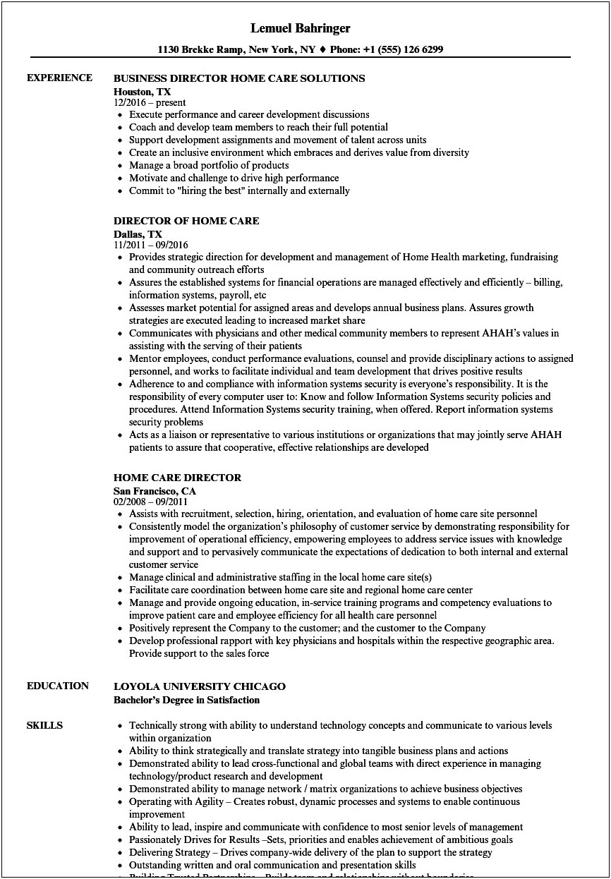 Home Health Care Agency Director Resume Sample
