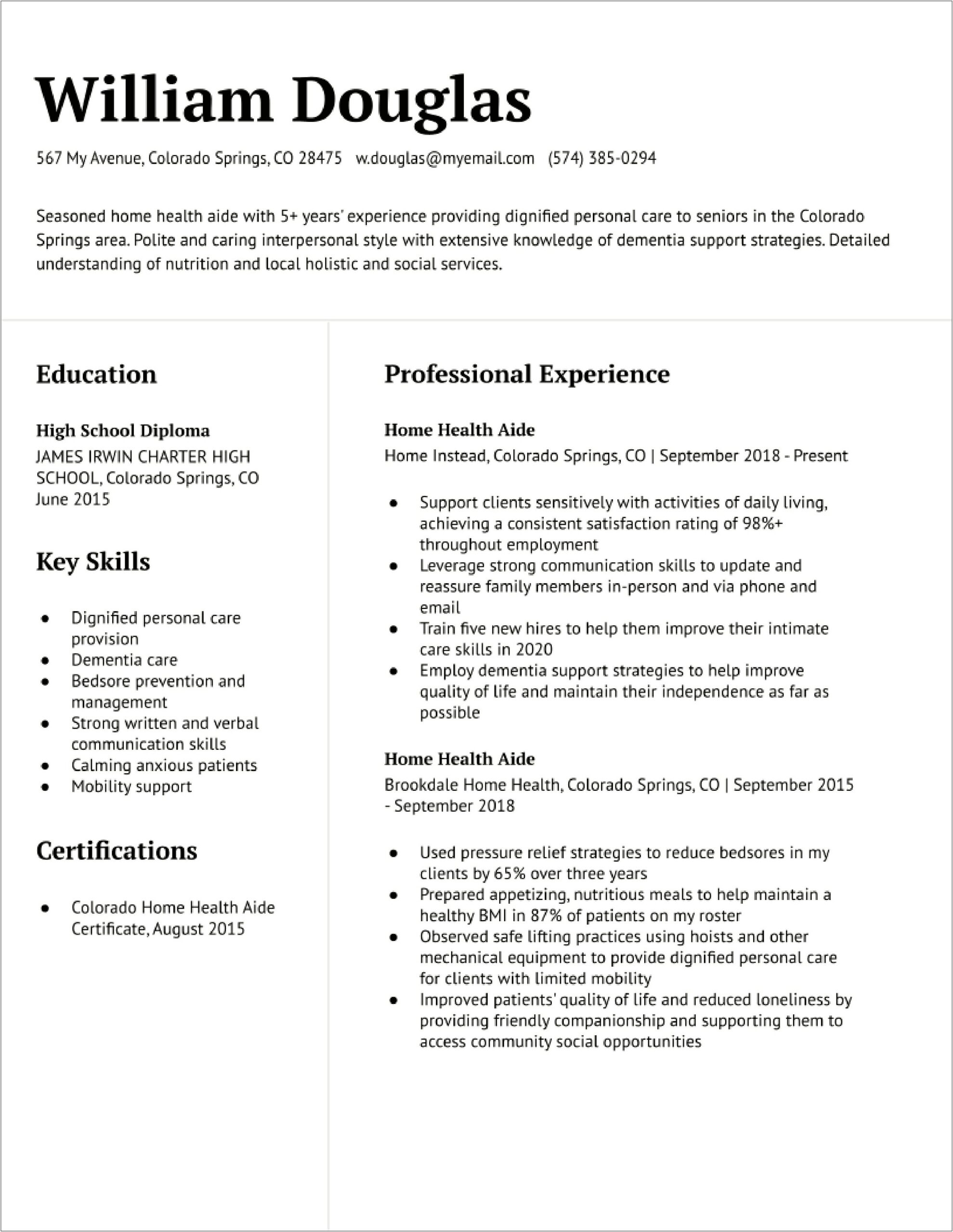 Home Health Care Experience For Resume