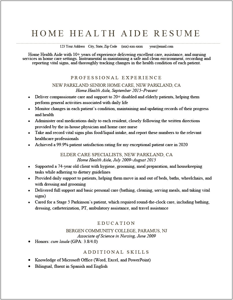 Home Health Care Job Description For Resume