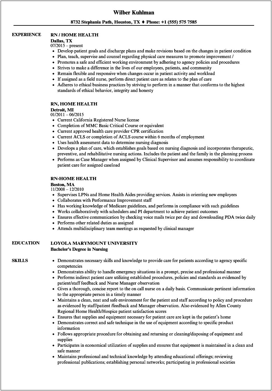 Home Health Care Resume Example