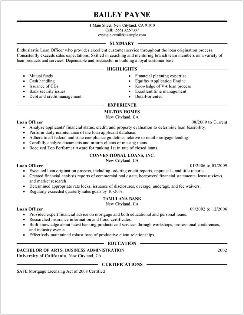 Home Loan Officer Job Description For Resume