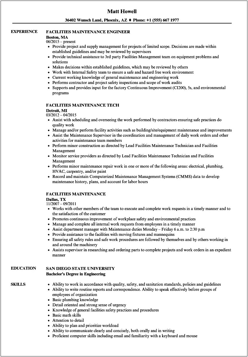 Honors And Awards Resume Examples For Facility Matenance