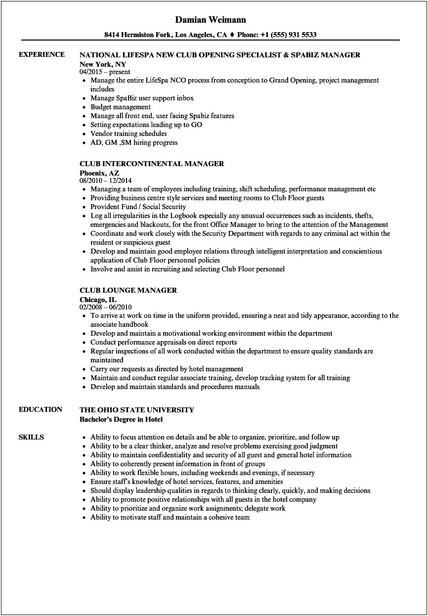 Hookah Manager Details For Resume