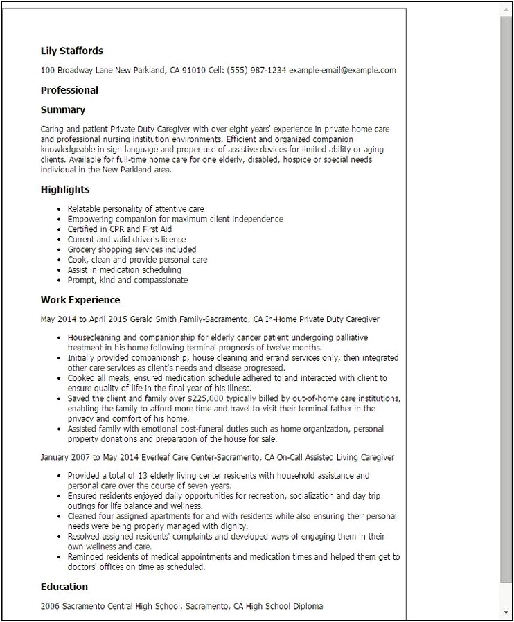 Hospice Caregiver Job Description For Resume