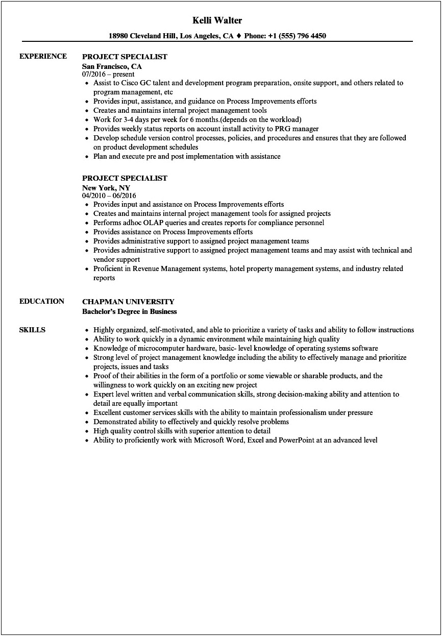 Hospitality Implementation Project Specialist Sample Resumes