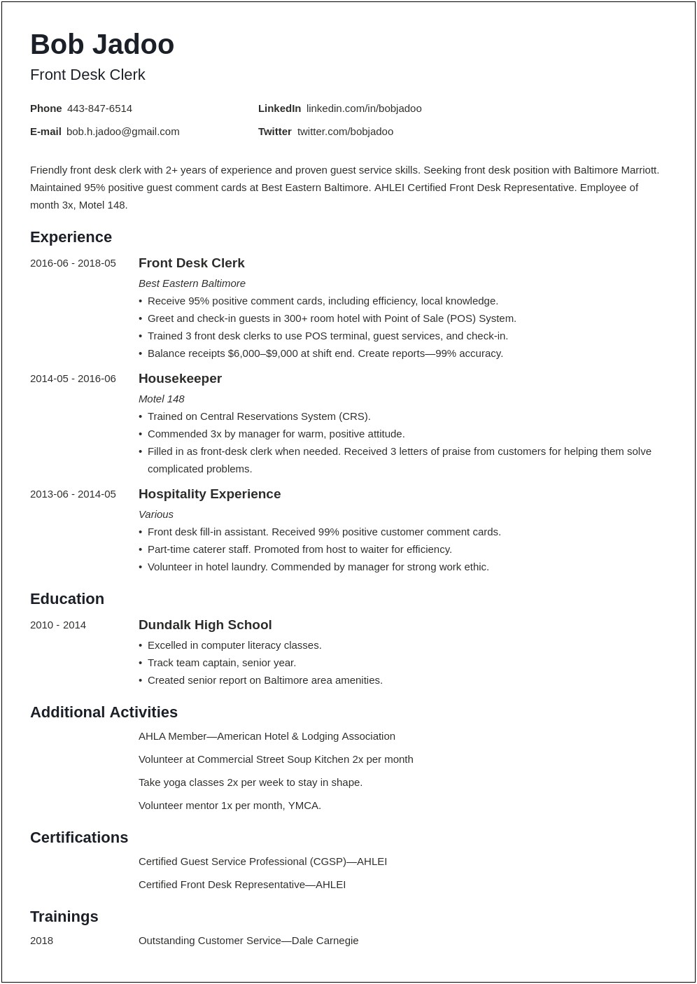 Hospitality Management Job Description Resume