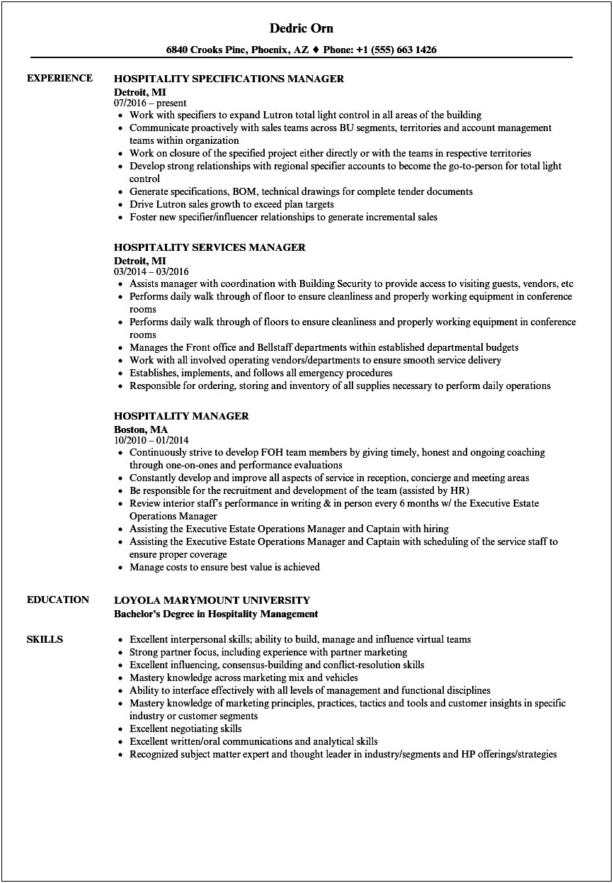 Hospitality Resume Template Free Download