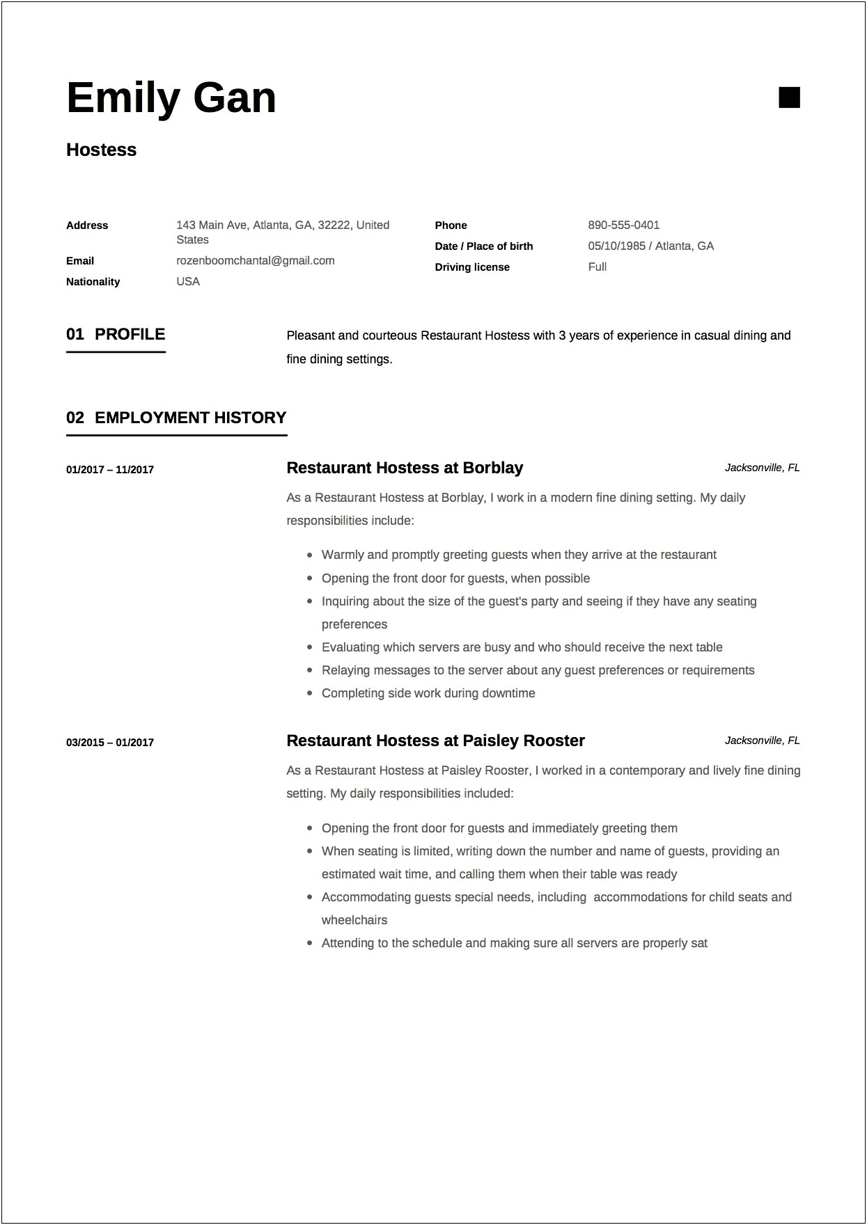 Host Job Description Job Resume