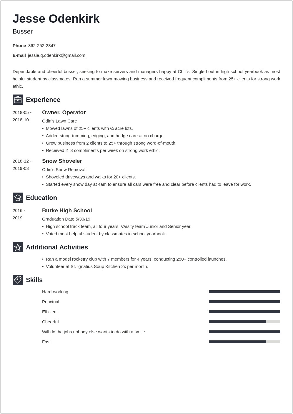 Hostess Busser Job Description Resume