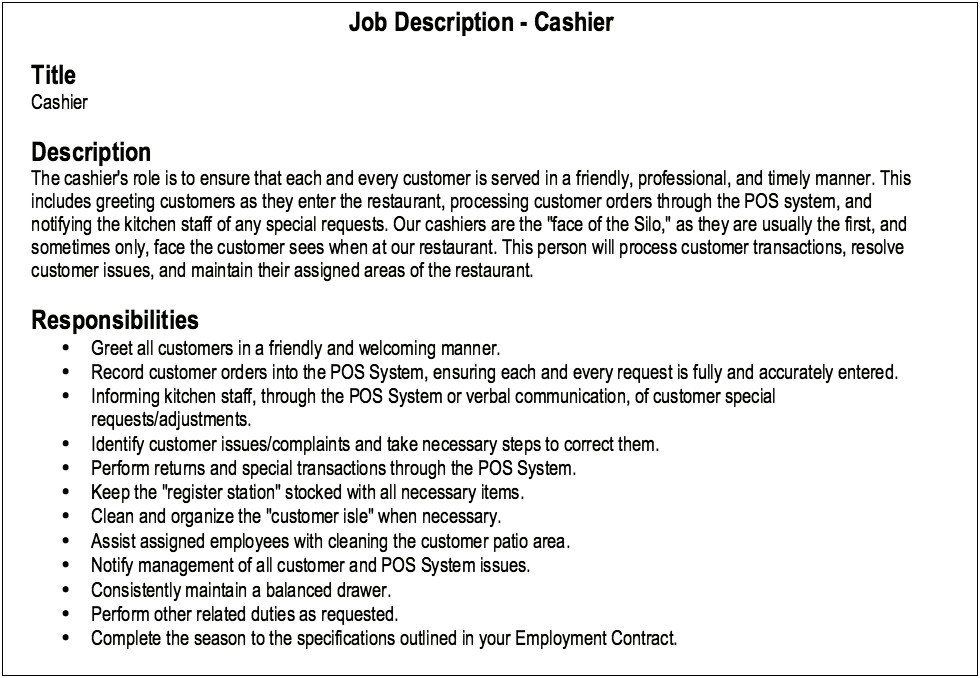 Hostess Cashier Job Description Resume