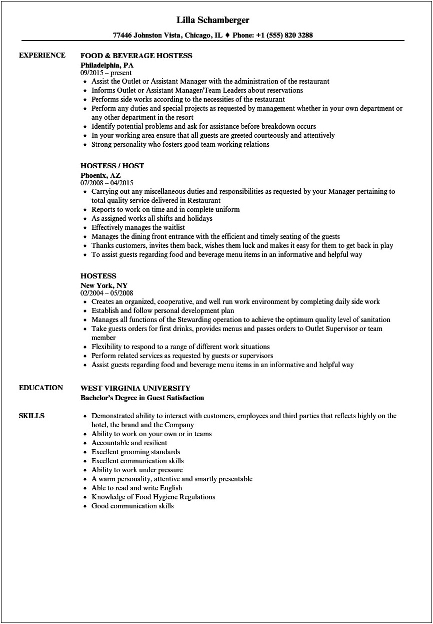 Hostess Job Description Resume Example