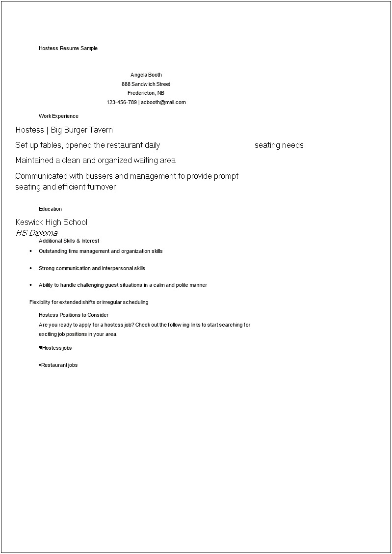 Hostess Job Description Resume Examples