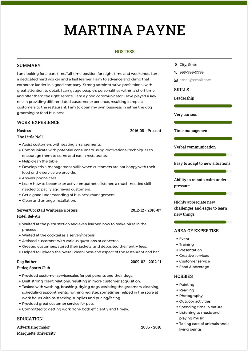 Hostess Server Job Description For Resume