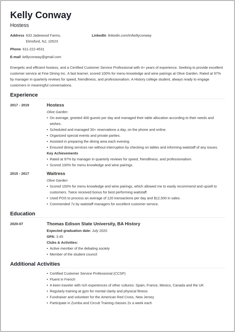 Hostess Waitress Job Description Resume