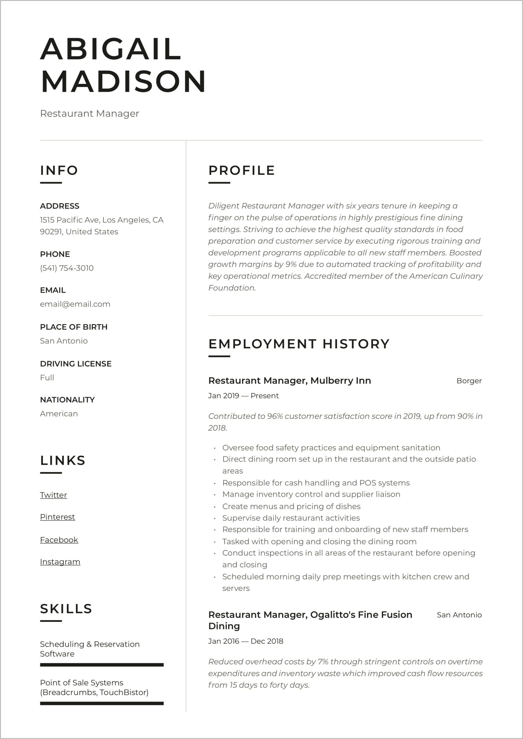 Hotel And Restaurant Management Resume Examples