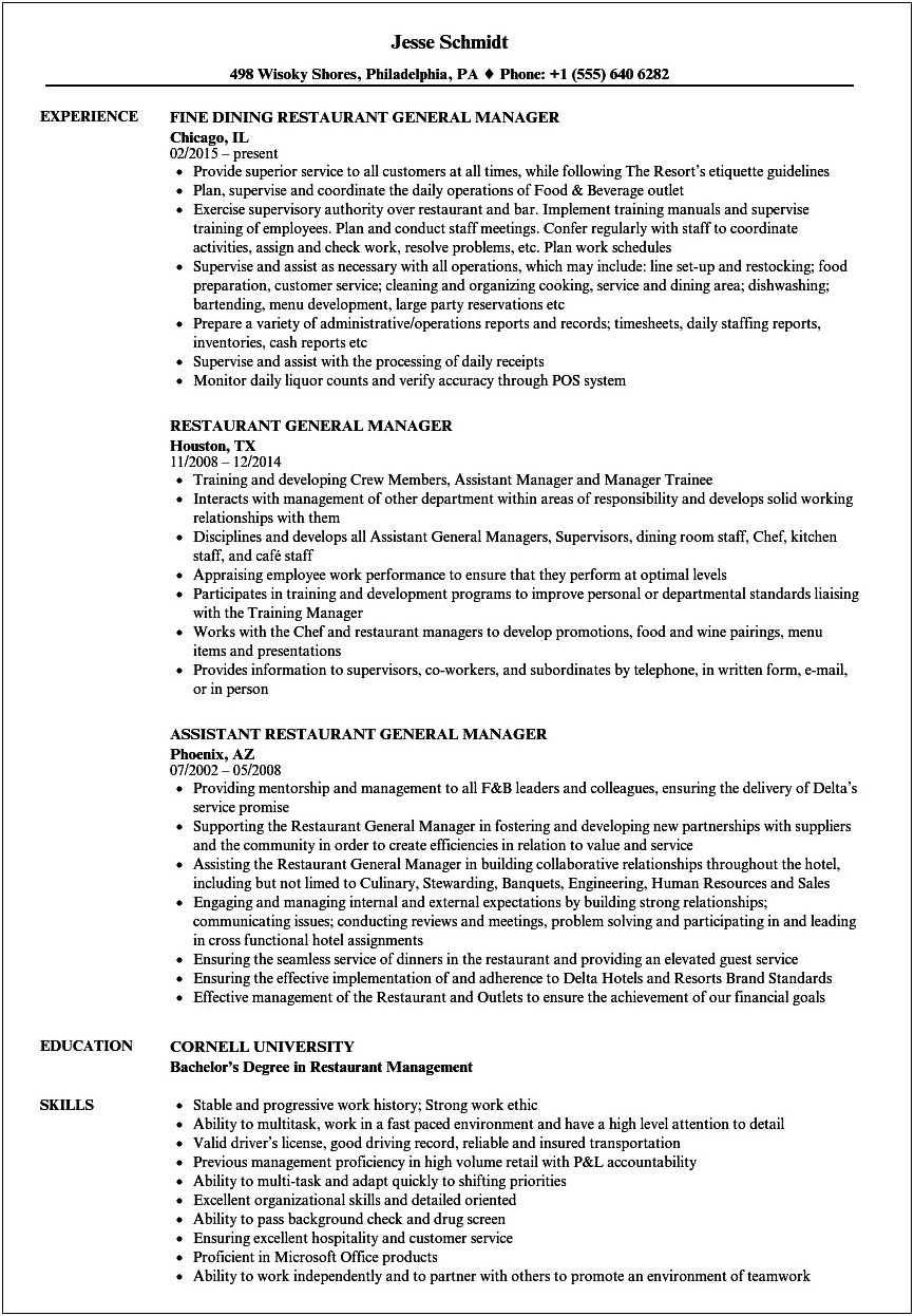 Hotel And Restaurant Manager Resume