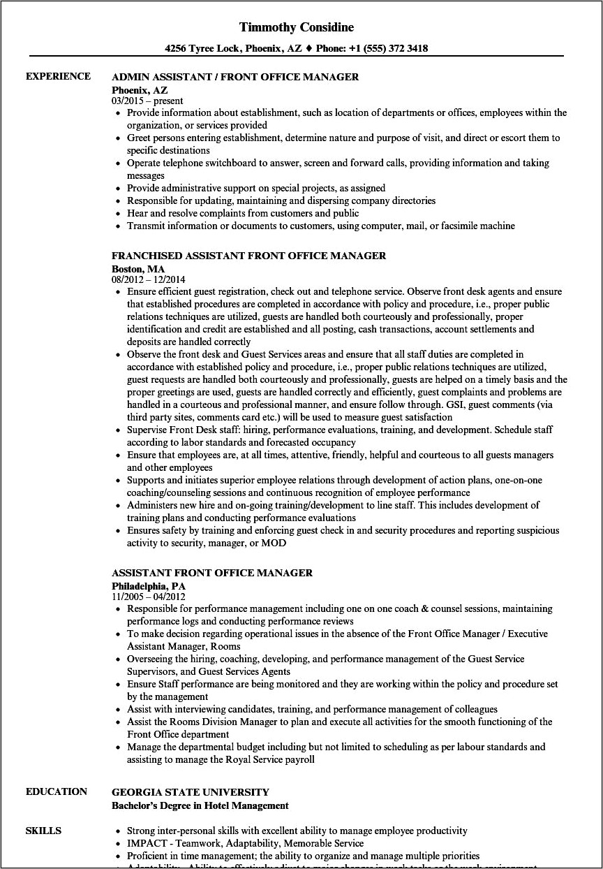 Hotel Assistant Manager Responsibilities Resume