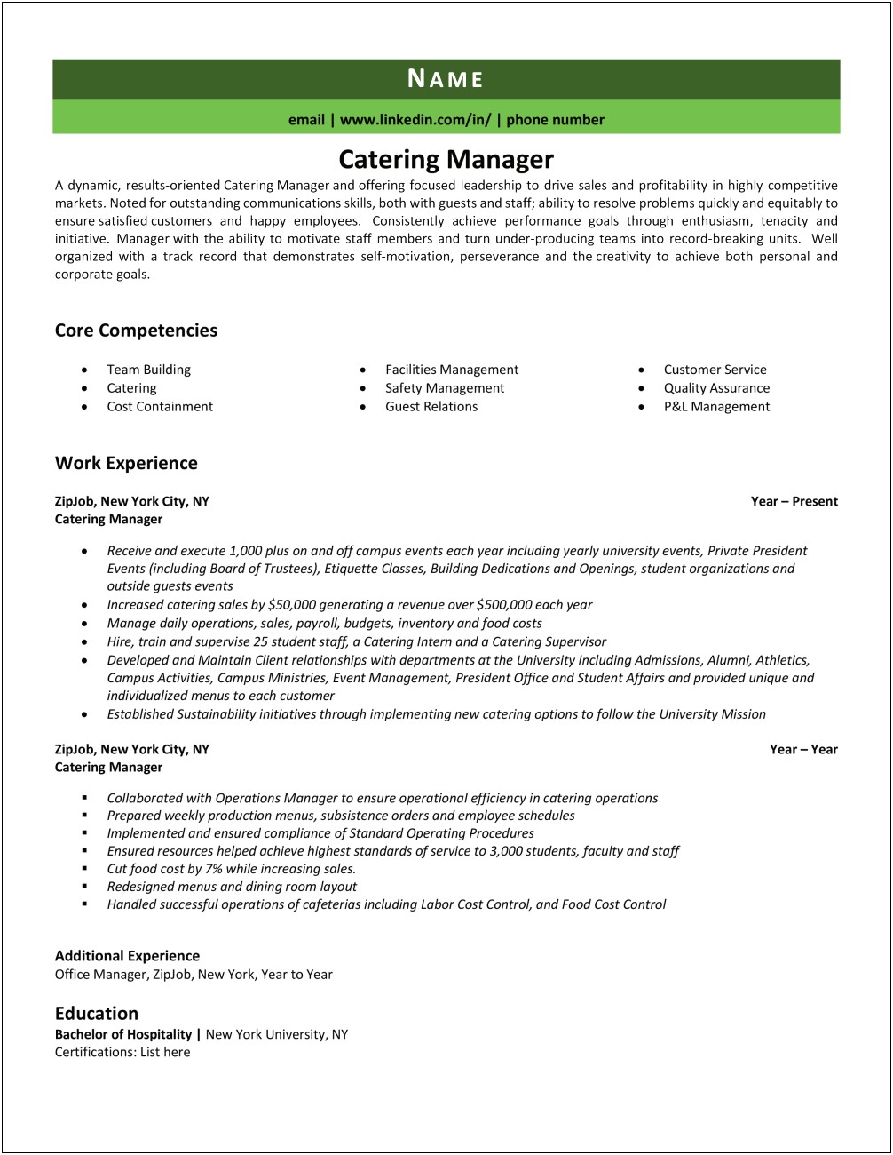Hotel Catering Manager Job Description For Resume