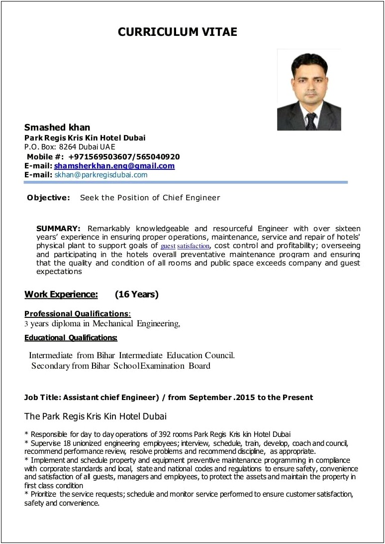 Hotel Chief Engineer Sample Resume