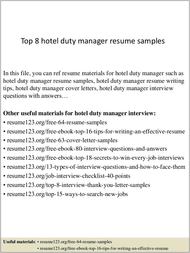 Hotel Duty Manager Resume Example