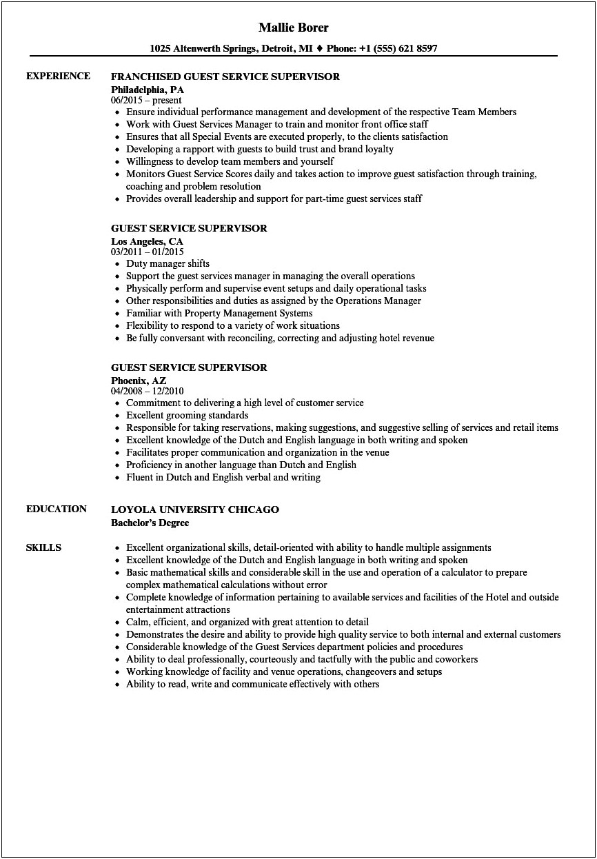 Hotel Duty Manager Resume Template