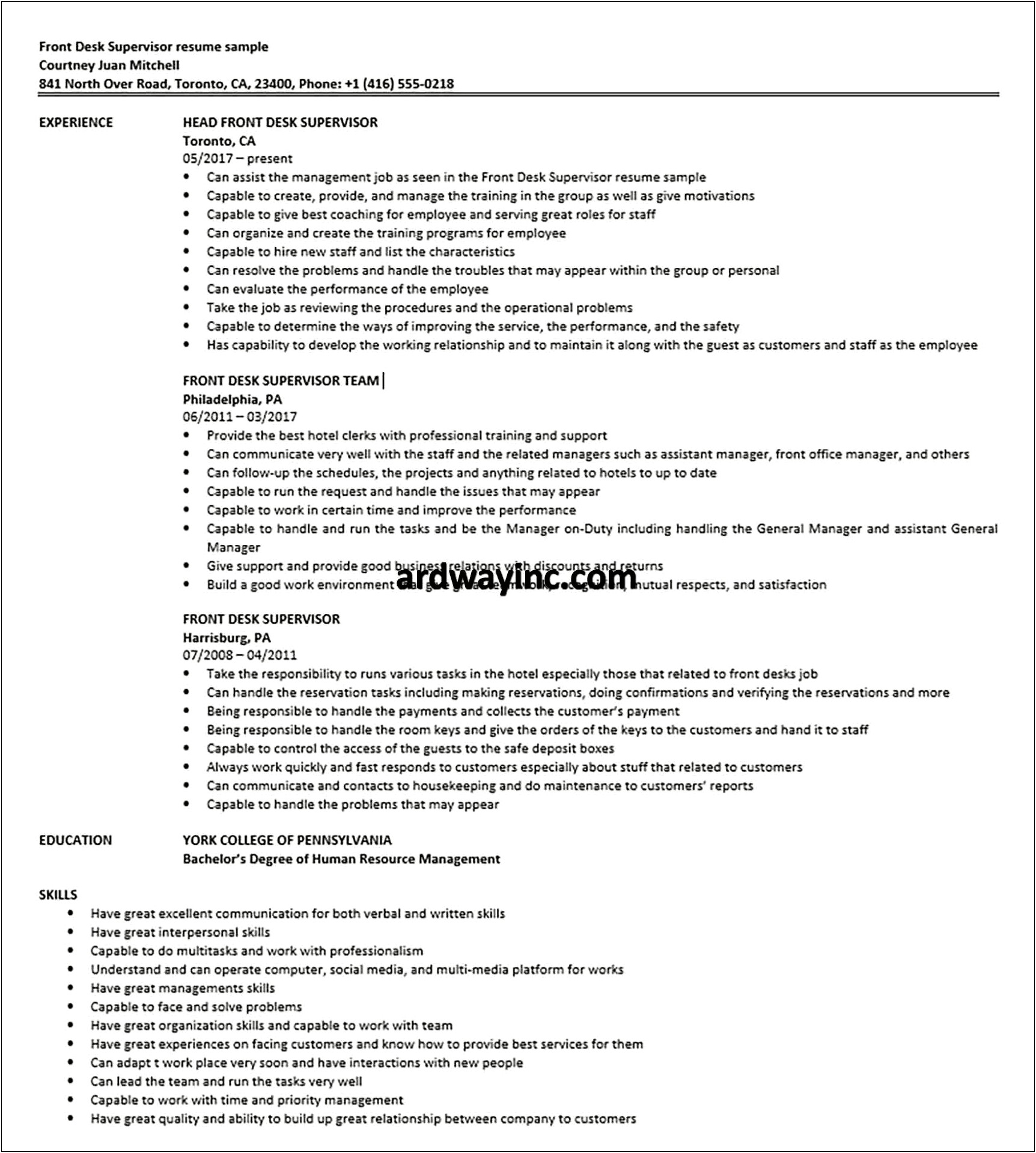 Hotel Front Desk Supervisor Job Description For Resume