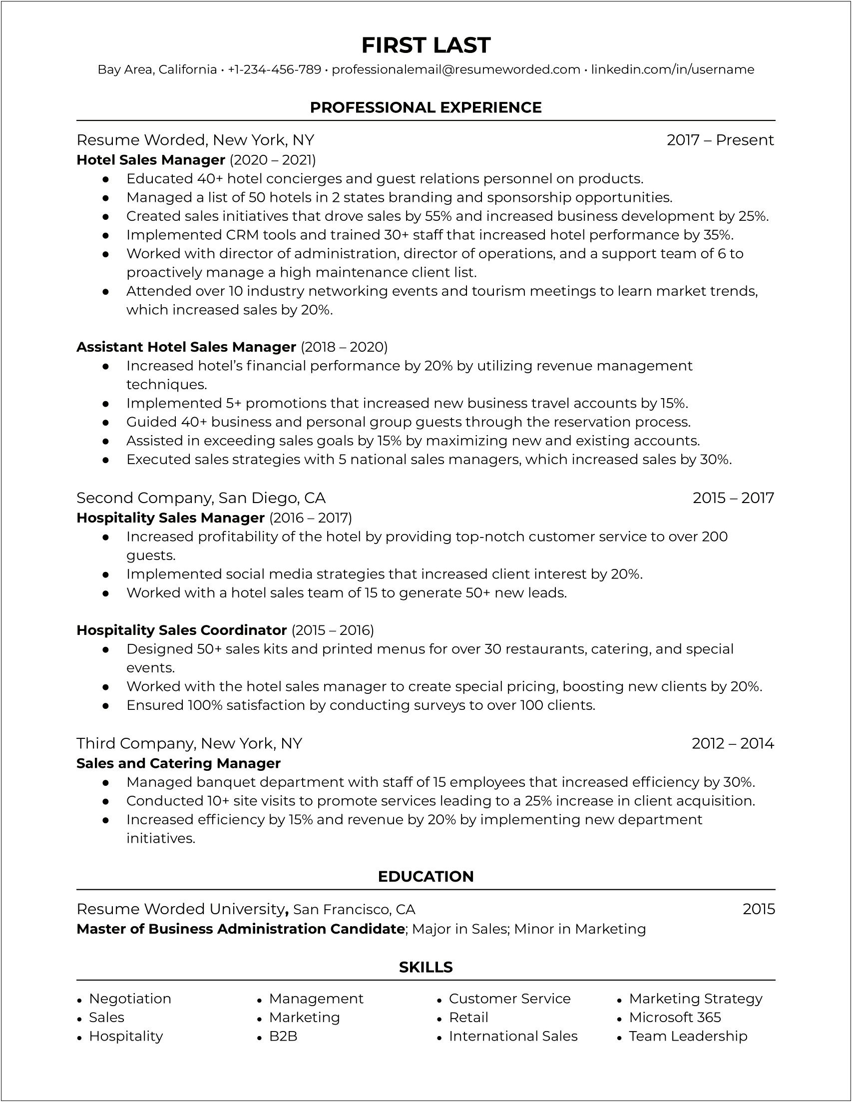 Hotel General Manager Experience Resume