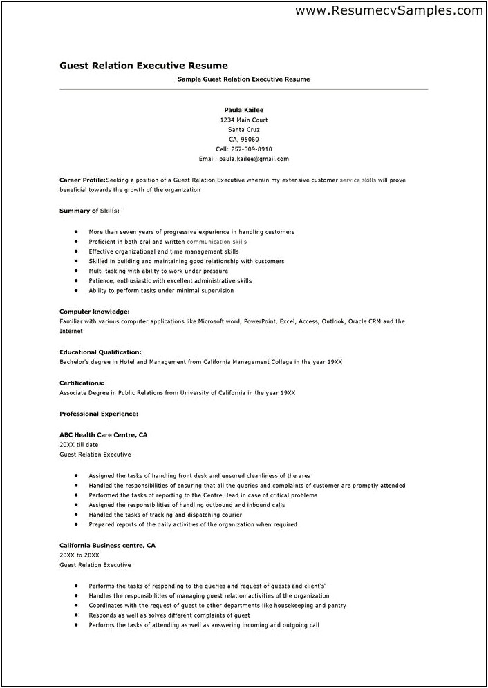 Hotel Guest Relations Manager Resume