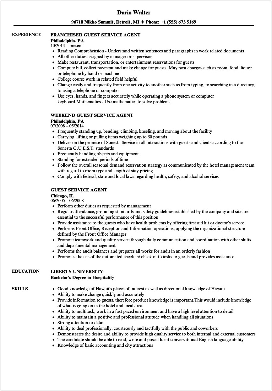 Hotel Guest Service Agent Resume Sample