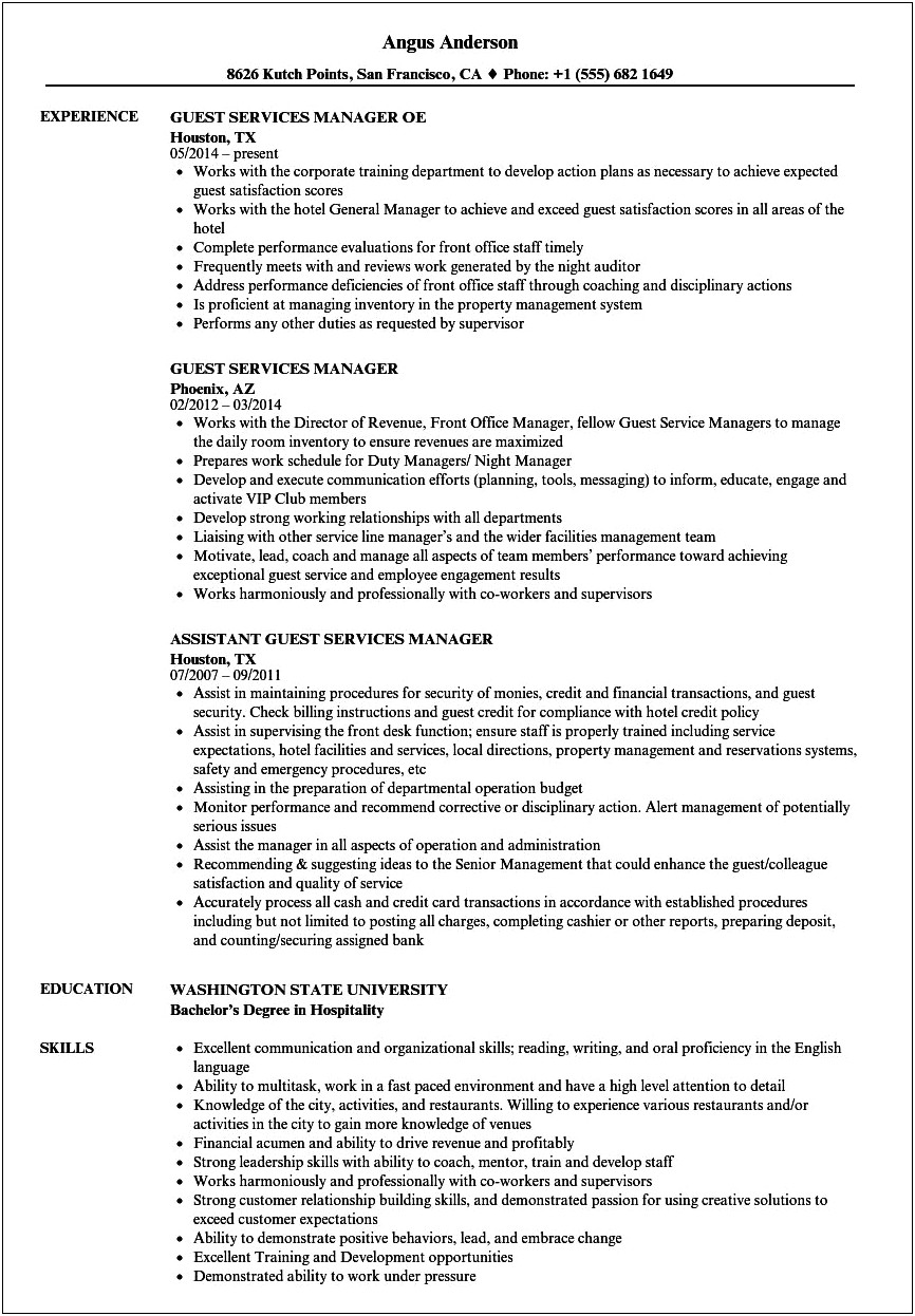 Hotel Guest Service Manager Resume