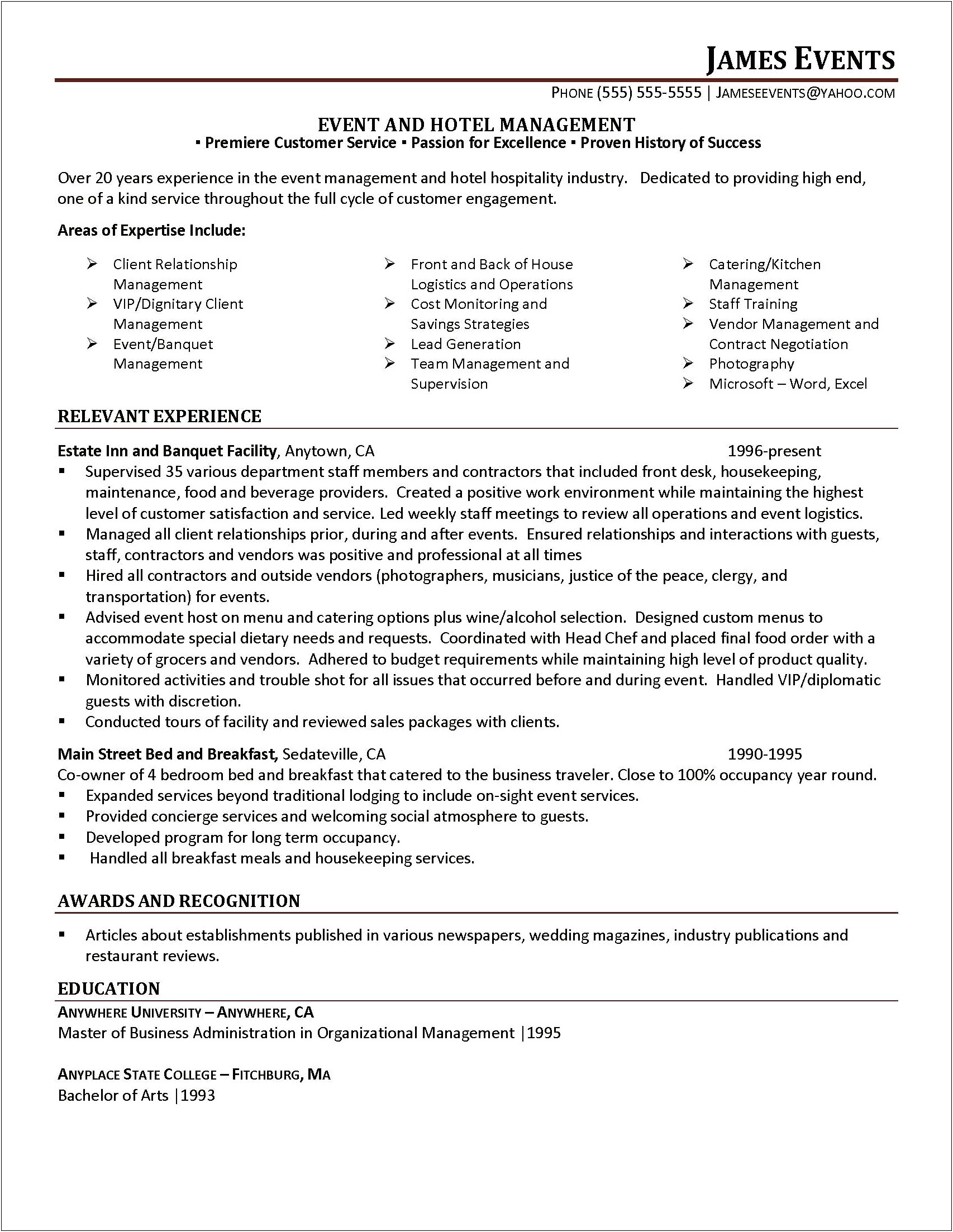 Hotel Operations Manager Resume Samples