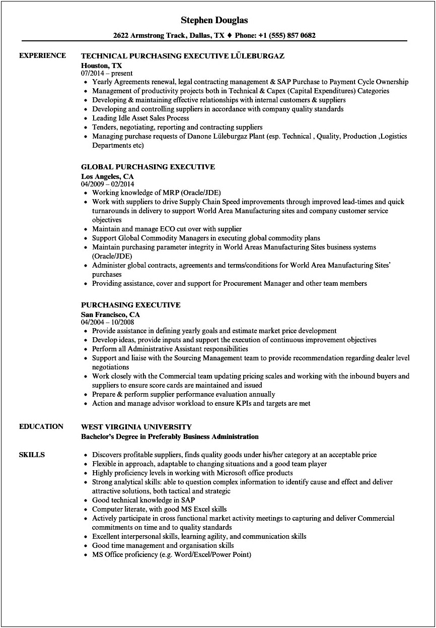 Hotel Purchase Manager Resume Sample