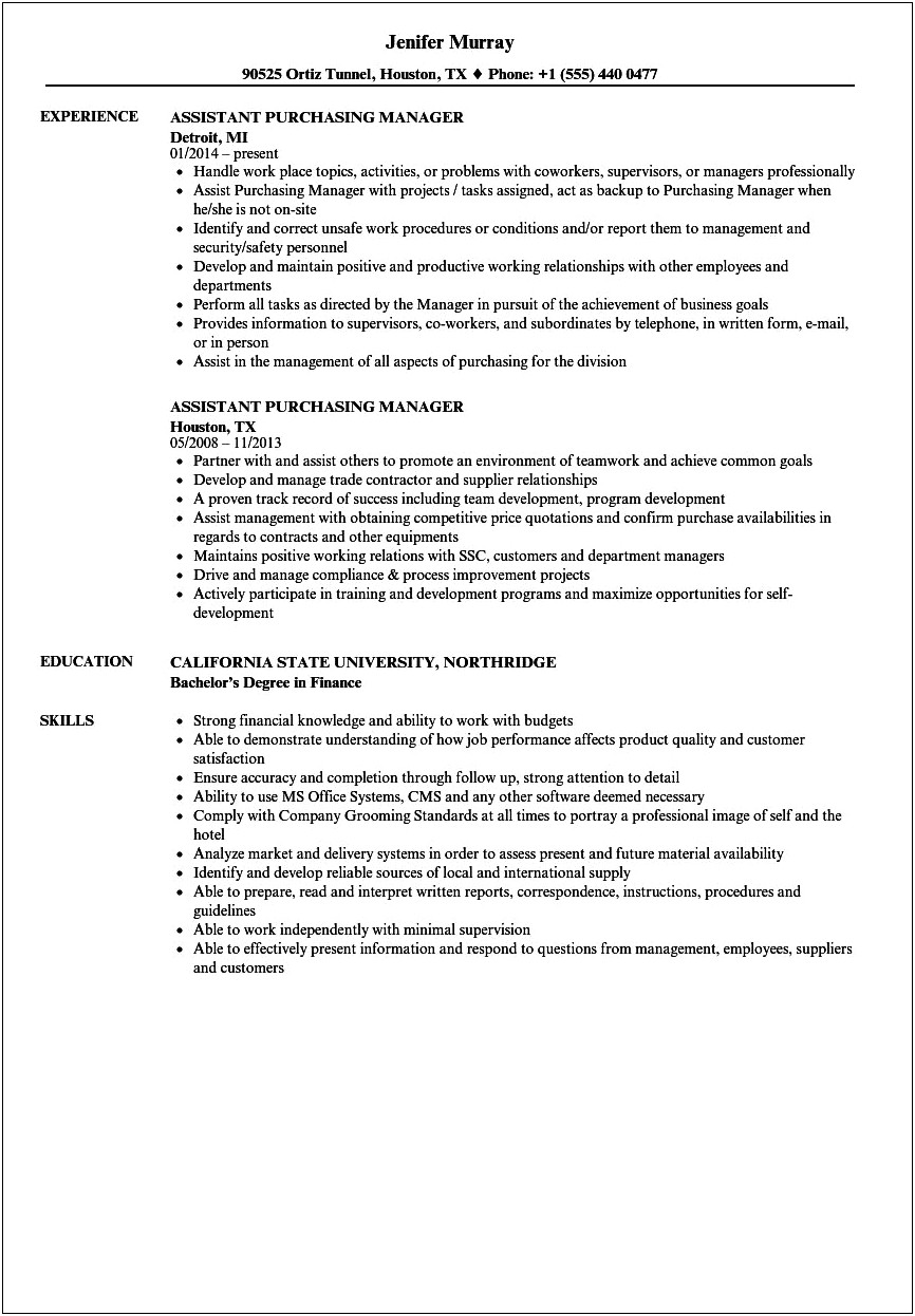 Hotel Purchasing Manager Resume Sample