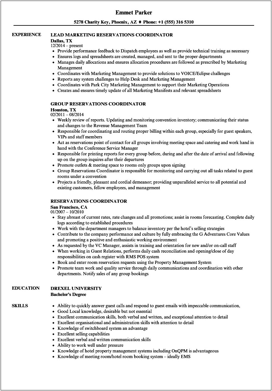 Hotel Reservation Job Description For Resume