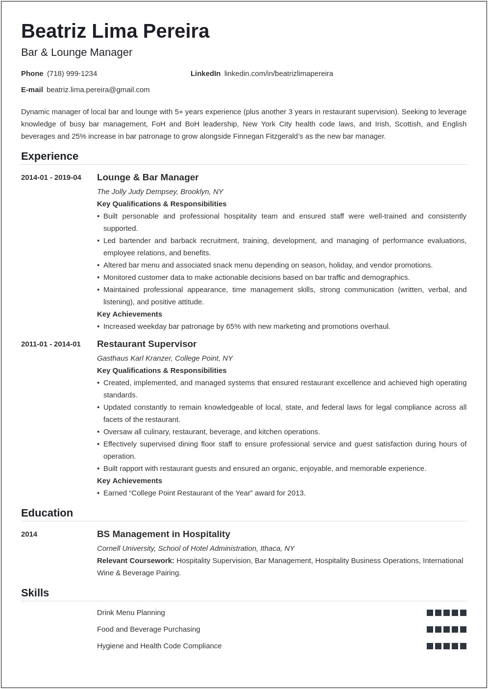 Hotel Restaurant Manager Resume Examples