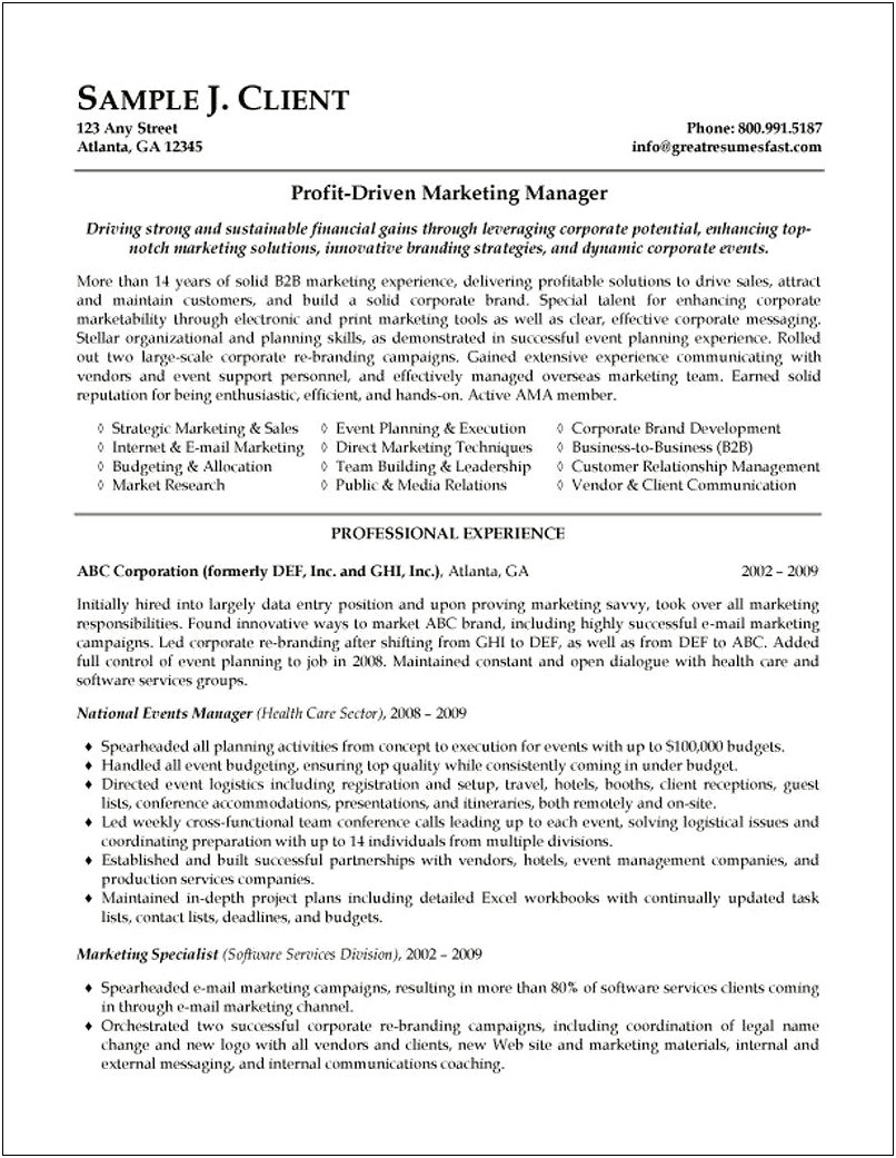 Hotel Sales And Marketing Resume Sample