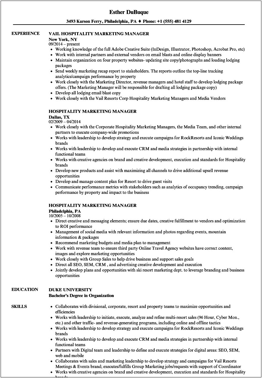 Hotel Sales Manager Job Description For Resume