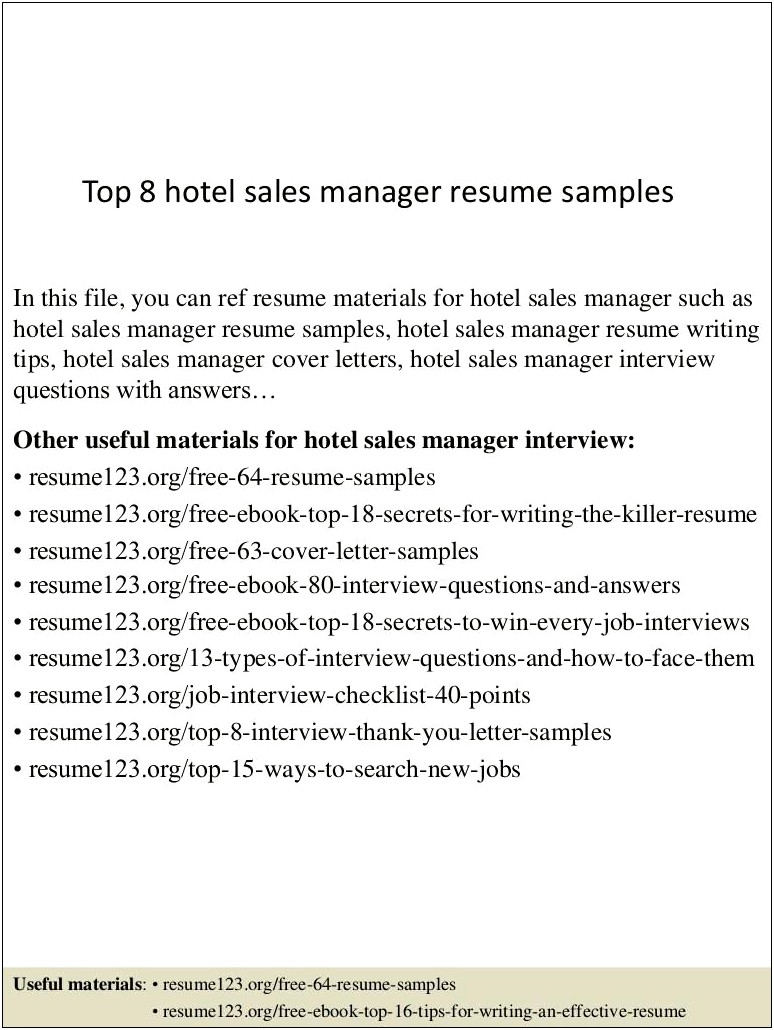 Hotel Sales Manager Job Description Resume