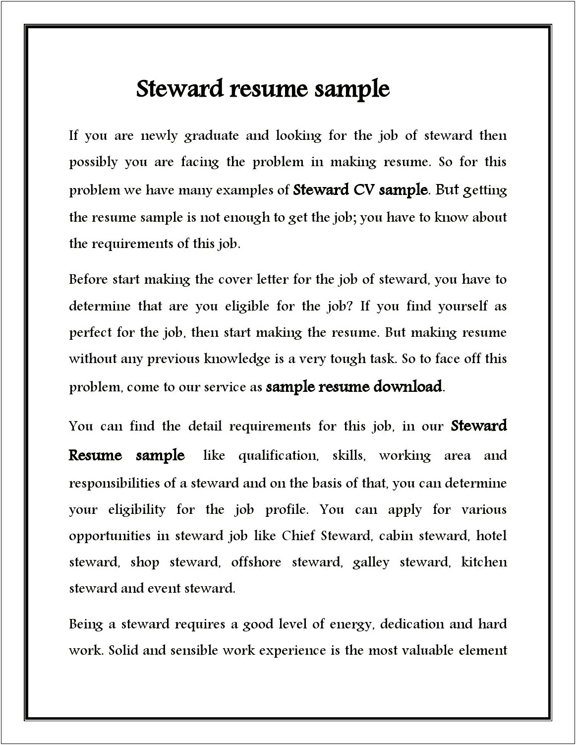 Hotel Steward Job Duties For Resume