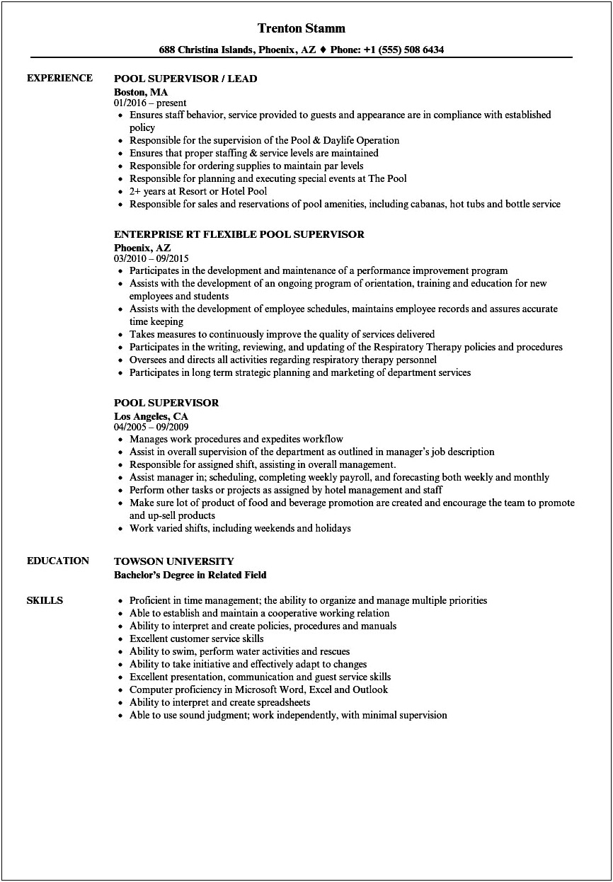 Hotel Supervisor Job Description For Resume