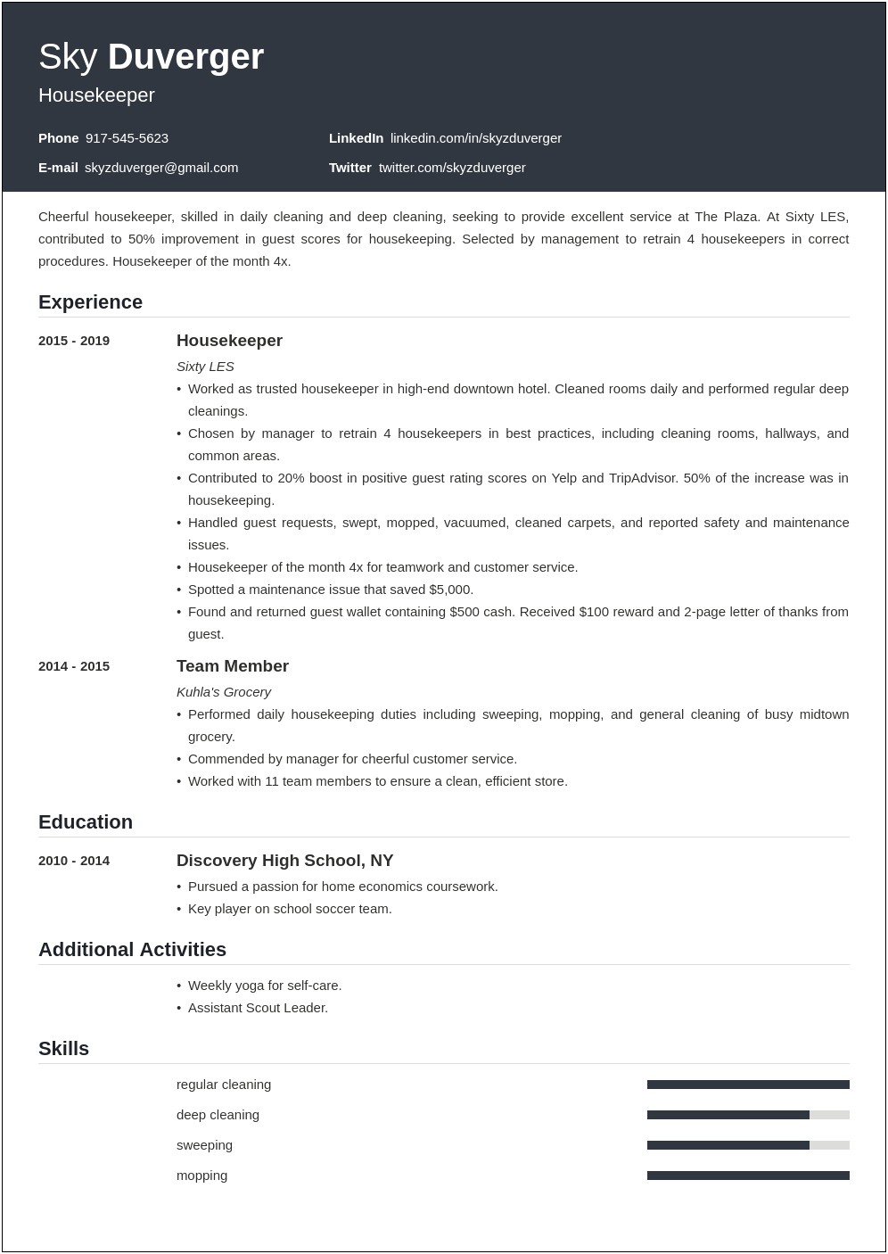 House Cleaning Skills For Resume